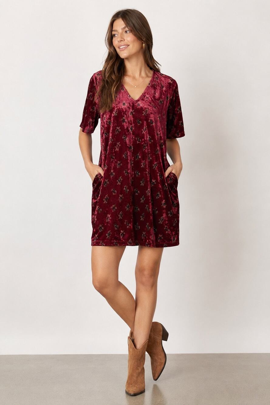 NWT Natural Life Velvet Dress Small Burgundy Floral V Neck Pocket Shift Boho